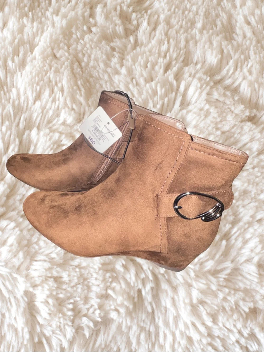 East 5th Tan Suede Wedge Ankle Booties with Buckle Detail